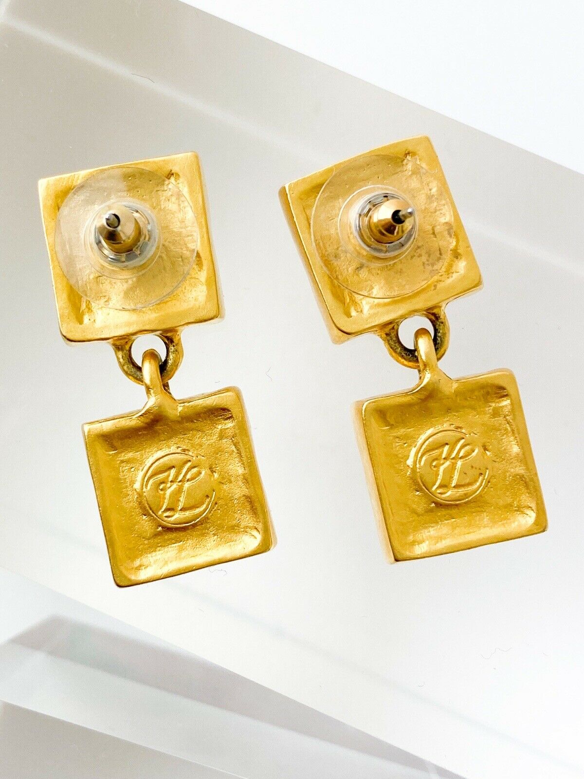 Karl Lagerfeld Vintage Gold Tone Dangle Earrings KL Script Square