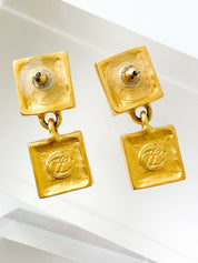 Karl Lagerfeld Vintage Gold Tone Dangle Earrings KL Script Square