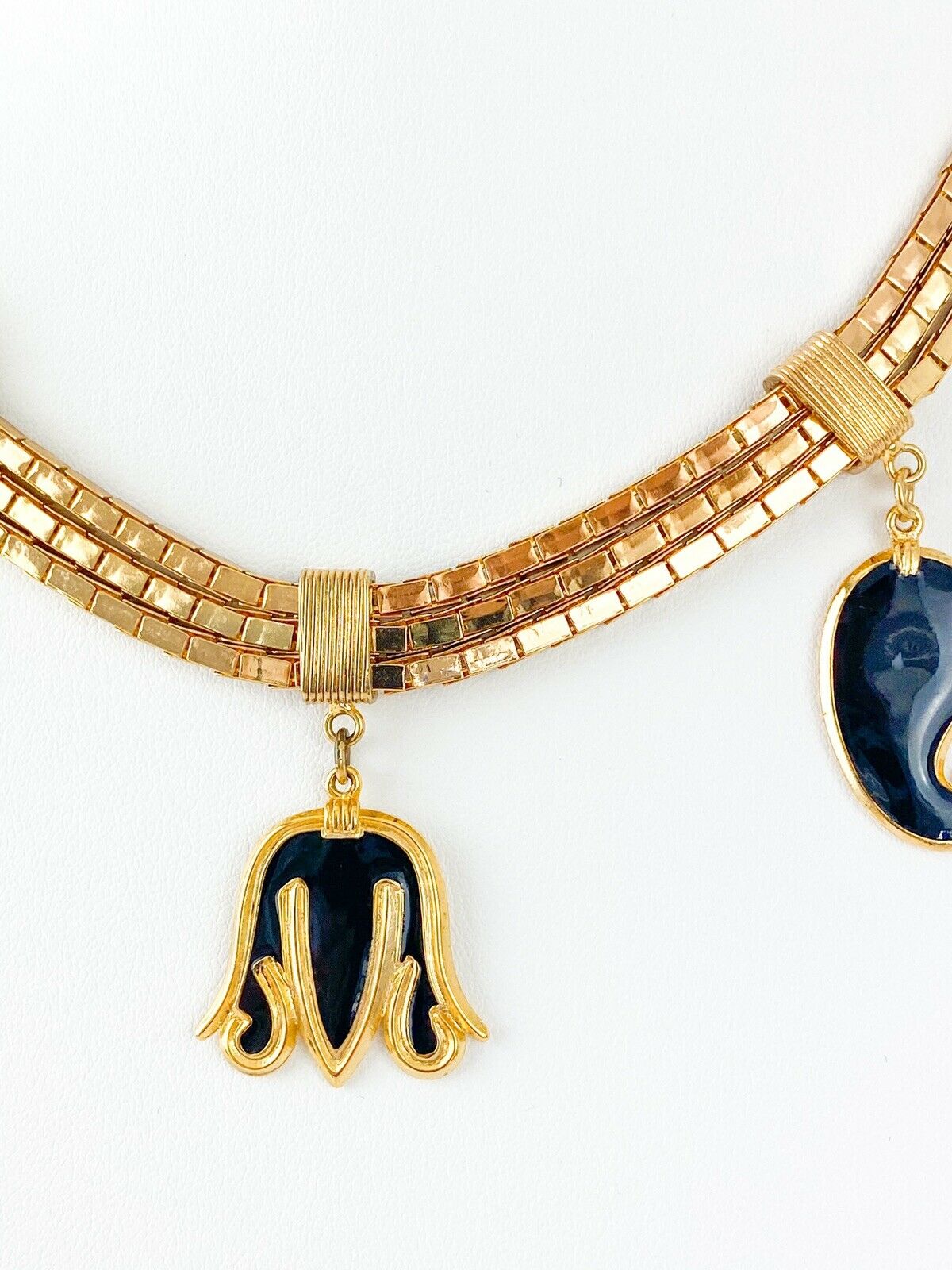 Balenciaga Paris Gold Tone Vintage Charm Necklace Black Enamel
