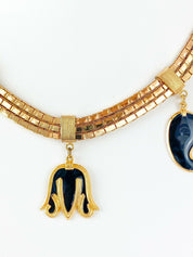 Balenciaga Paris Gold Tone Vintage Charm Necklace Black Enamel