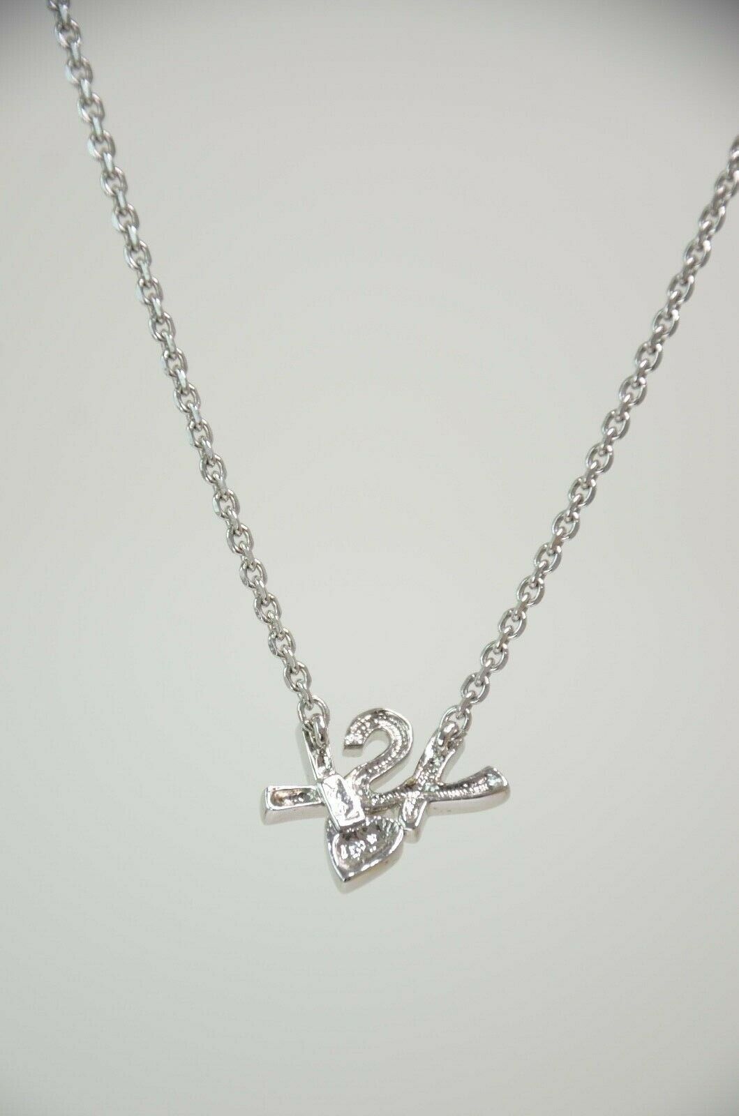 YSL Yves Saint Laurent Silver Tone Logo Heart Rhinestone Pendant Necklace Vintage