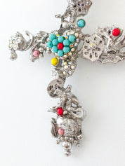 Christian Lacroix Vintage Silver Tone Cross Necklace Velvet Strap Beads Made in France