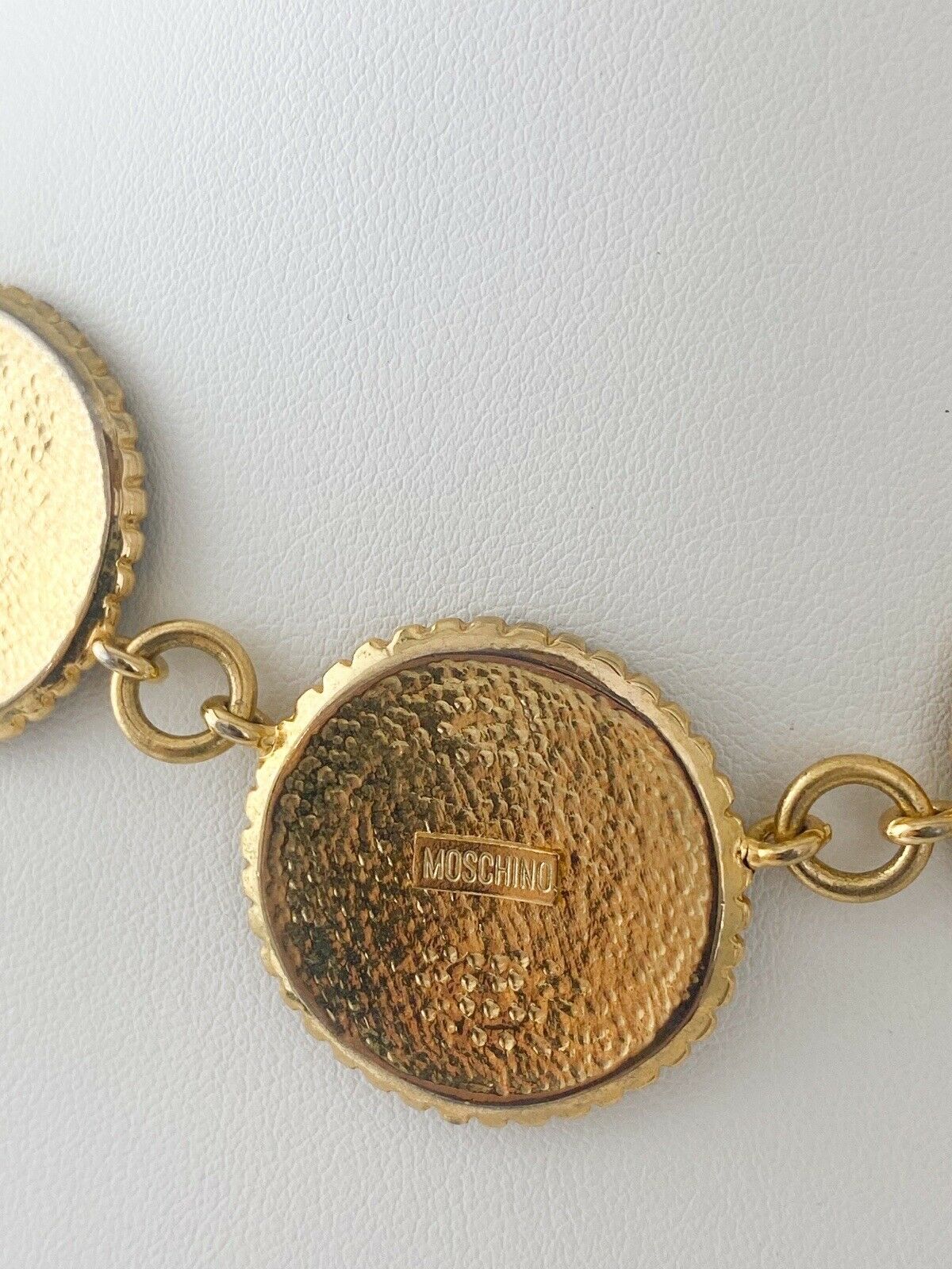 Moschino Vintage Gold Tone Logo Disc Necklace Black Enamel