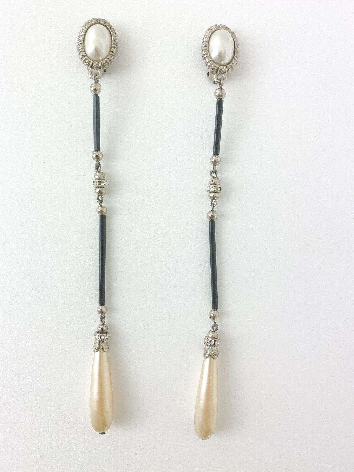 【SOLD OUT】Christian Dior Boutique Long Dangling Earrings Faux Pearls Rhinestones Vintage
