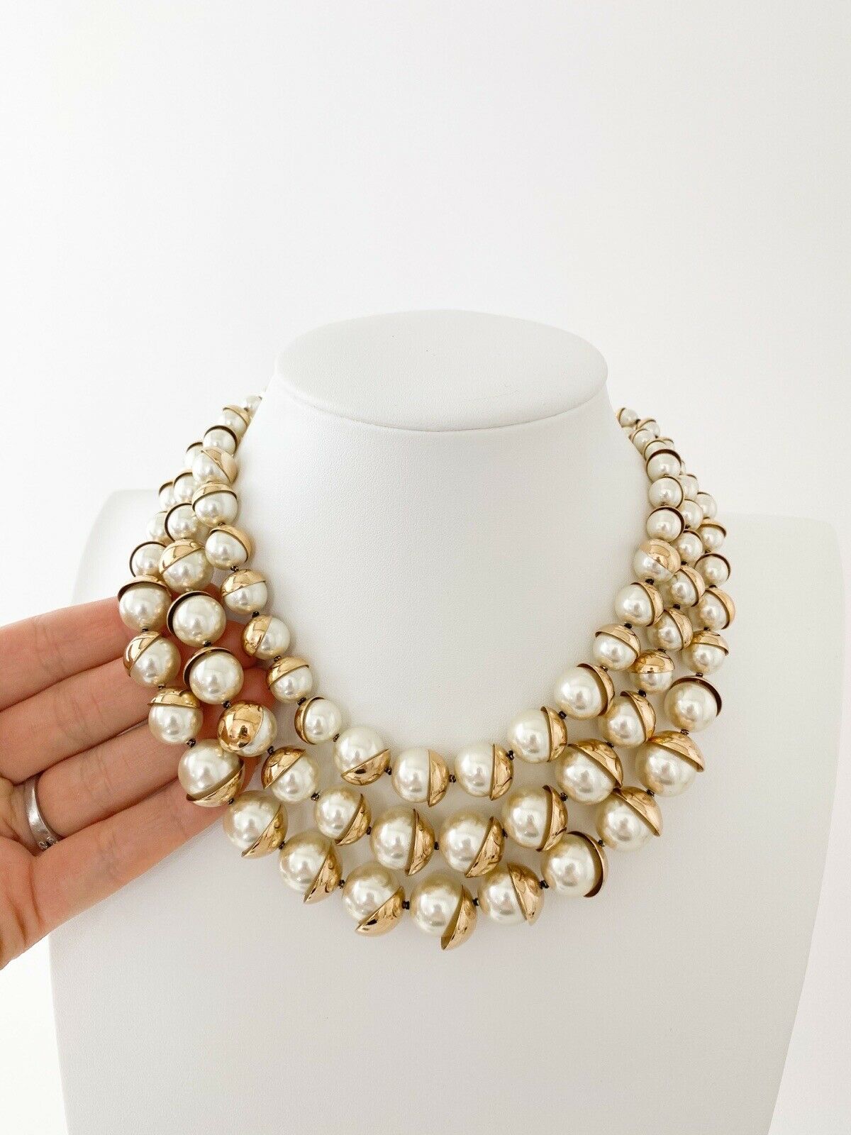 Christian Dior Mise en Dior Vintage Gold Tone Multi-Strand Necklace Faux Pearl