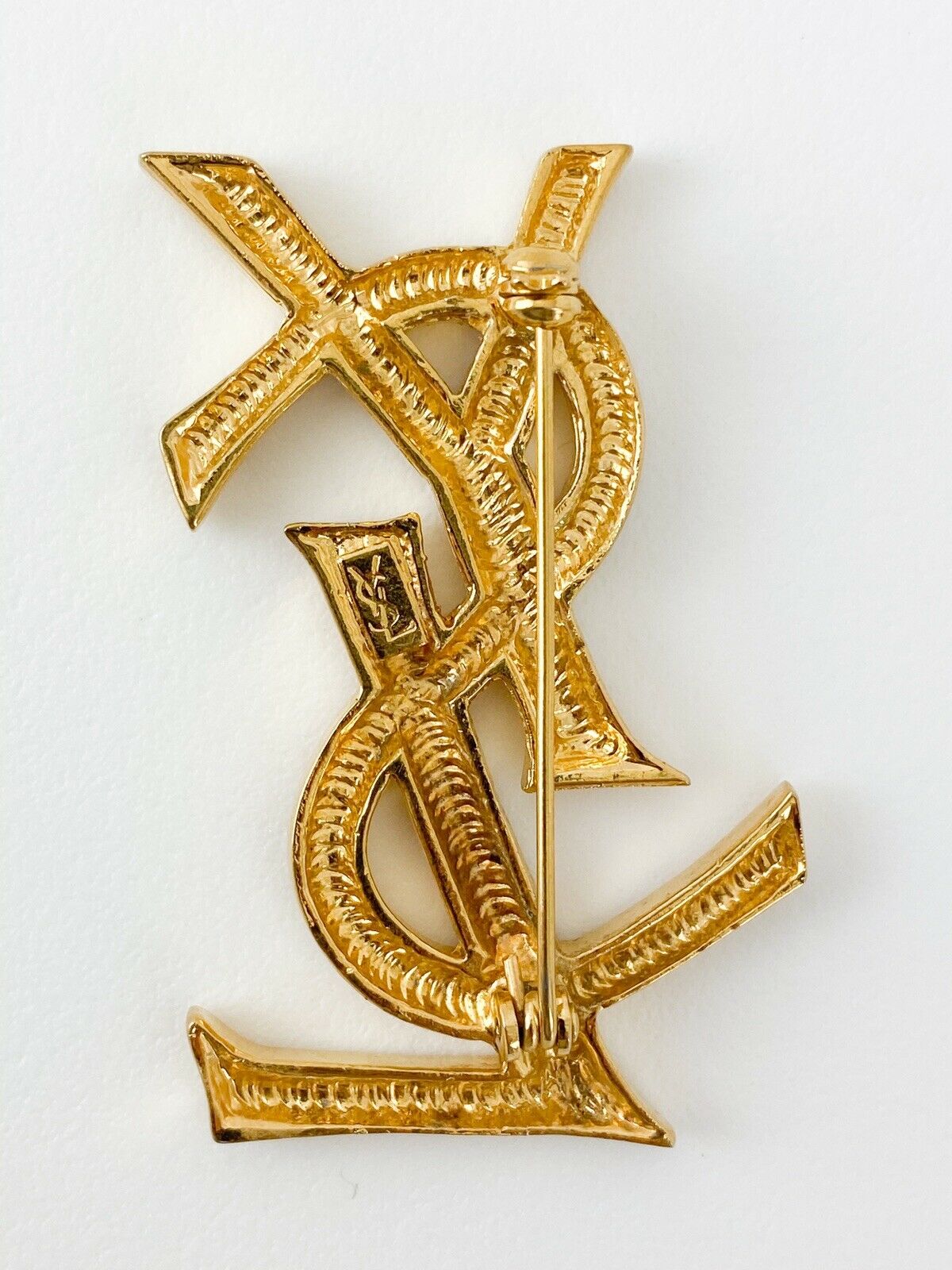 YSL Yves Saint Laurent Vintage Gold Tone Logo Brooch Pin