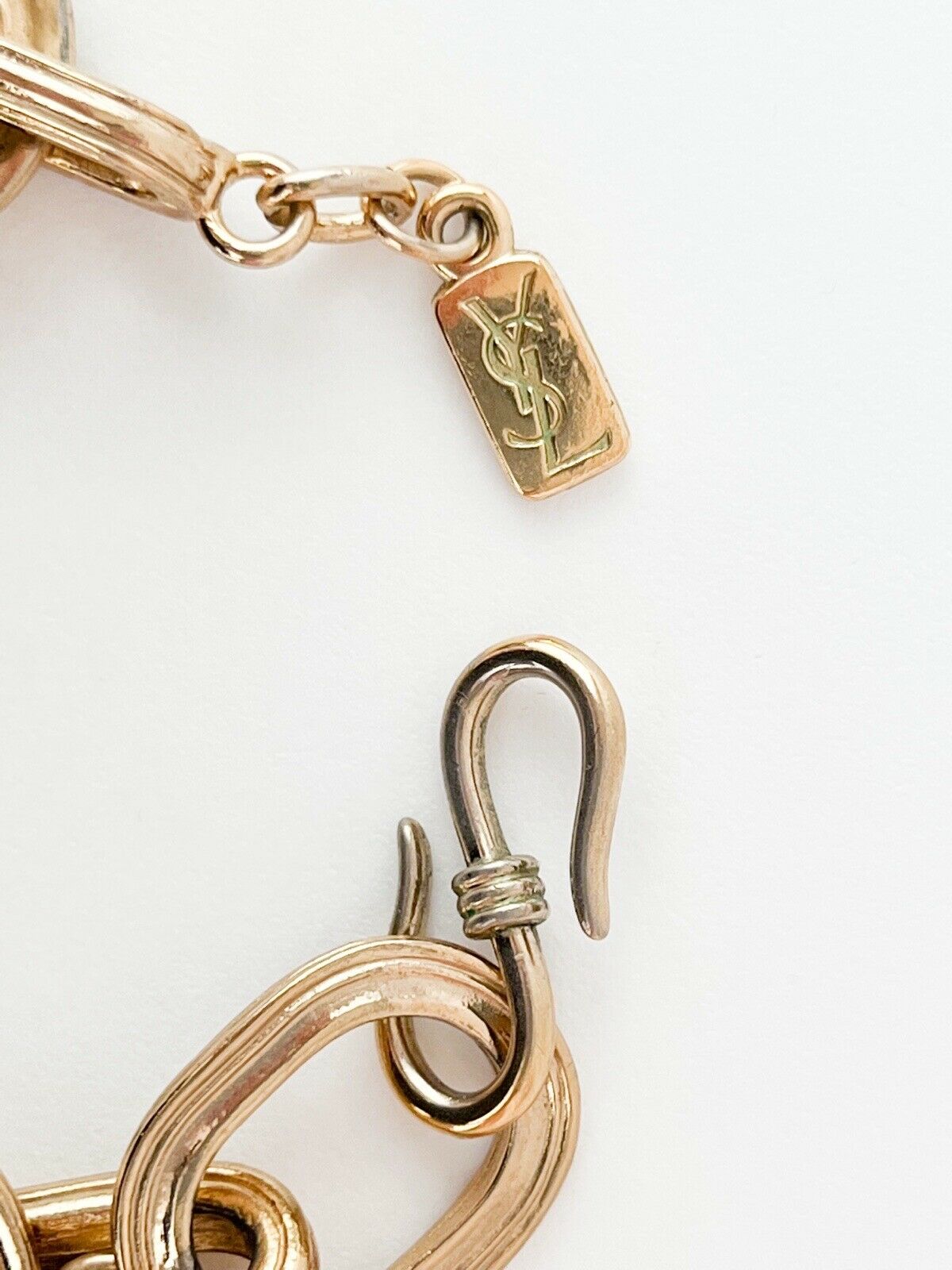 YSL Yves Saint Laurent Vintage Gold Tone Chain Dangle Charm Bracelet Cabochon