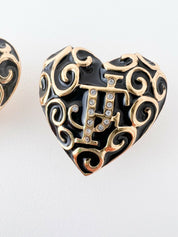 Jacques Fath Gold Tone Heart Clip-On Earrings Black JF Logo Rhinestone