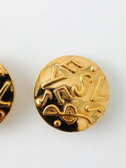YSL Yves Saint Laurent Vintage Gold Tone Medal Earrings Logo Music Note