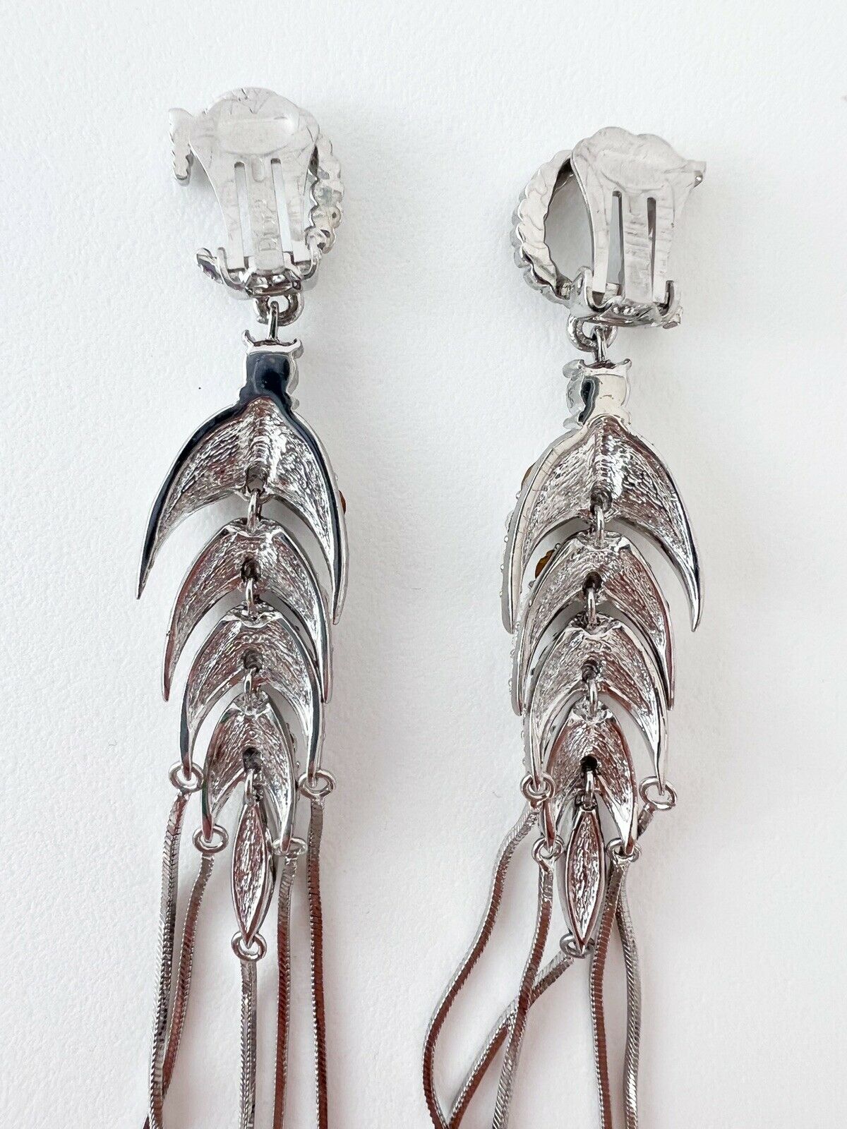 Christian Dior Silver Tone Vintage Clip-On Earrings Long Logo Rhinestones