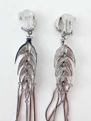 Christian Dior Silver Tone Vintage Clip-On Earrings Long Logo Rhinestones