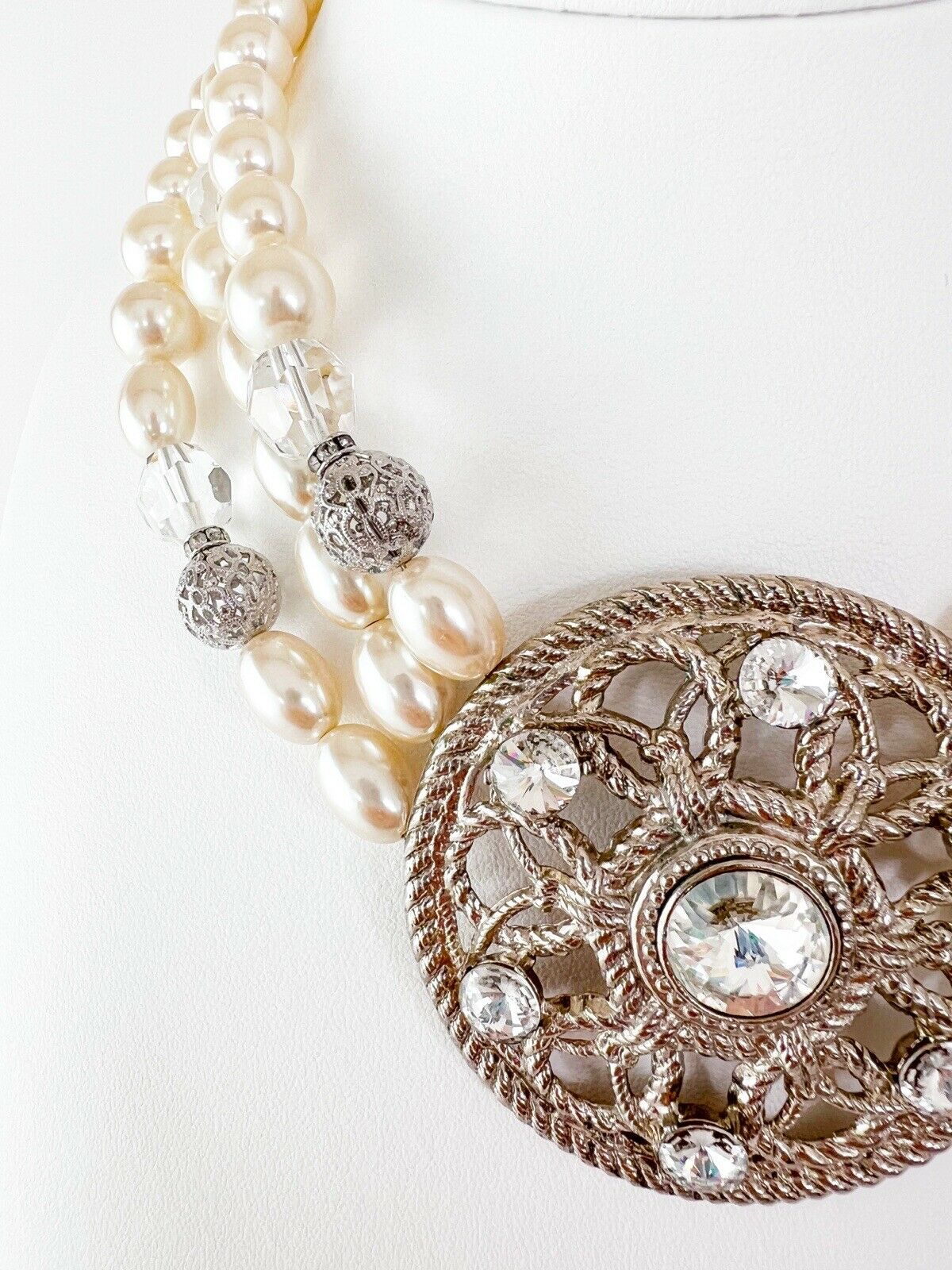 JEAN LOUIS SCHERRER Vintage Multi-Strand Pearl Charm Necklace Choker Rhinestone