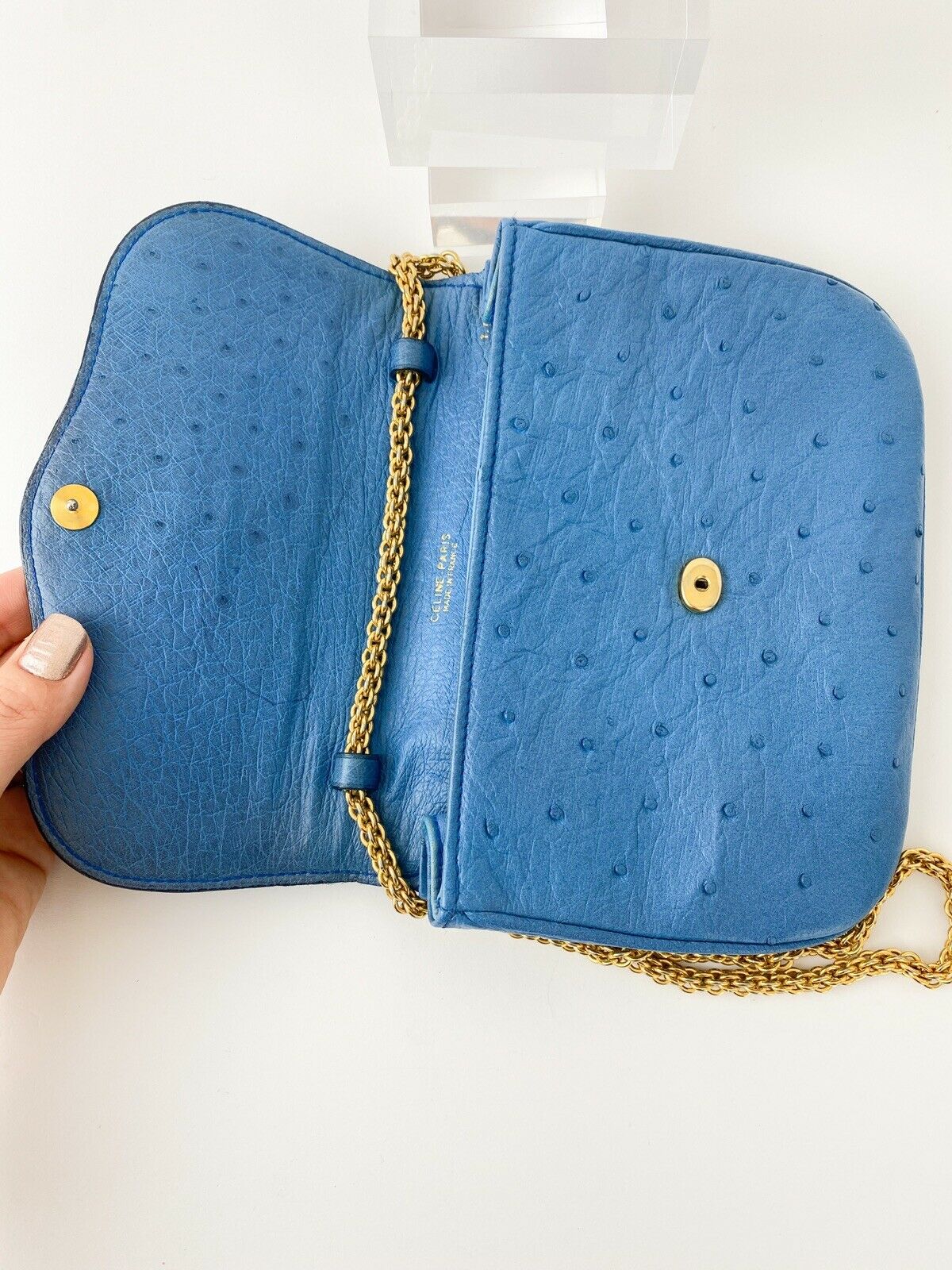 CELINE Vintage Ostrich Leather Blue Gold Chain Shoulder Bag Made in France