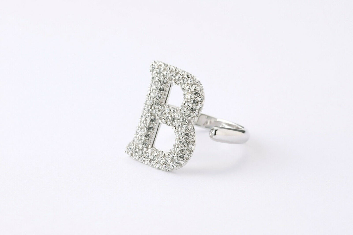 Alphabet Ring Initial B Swarovski Crystals Free Size Sterling Silver 925 Rhodium Plated