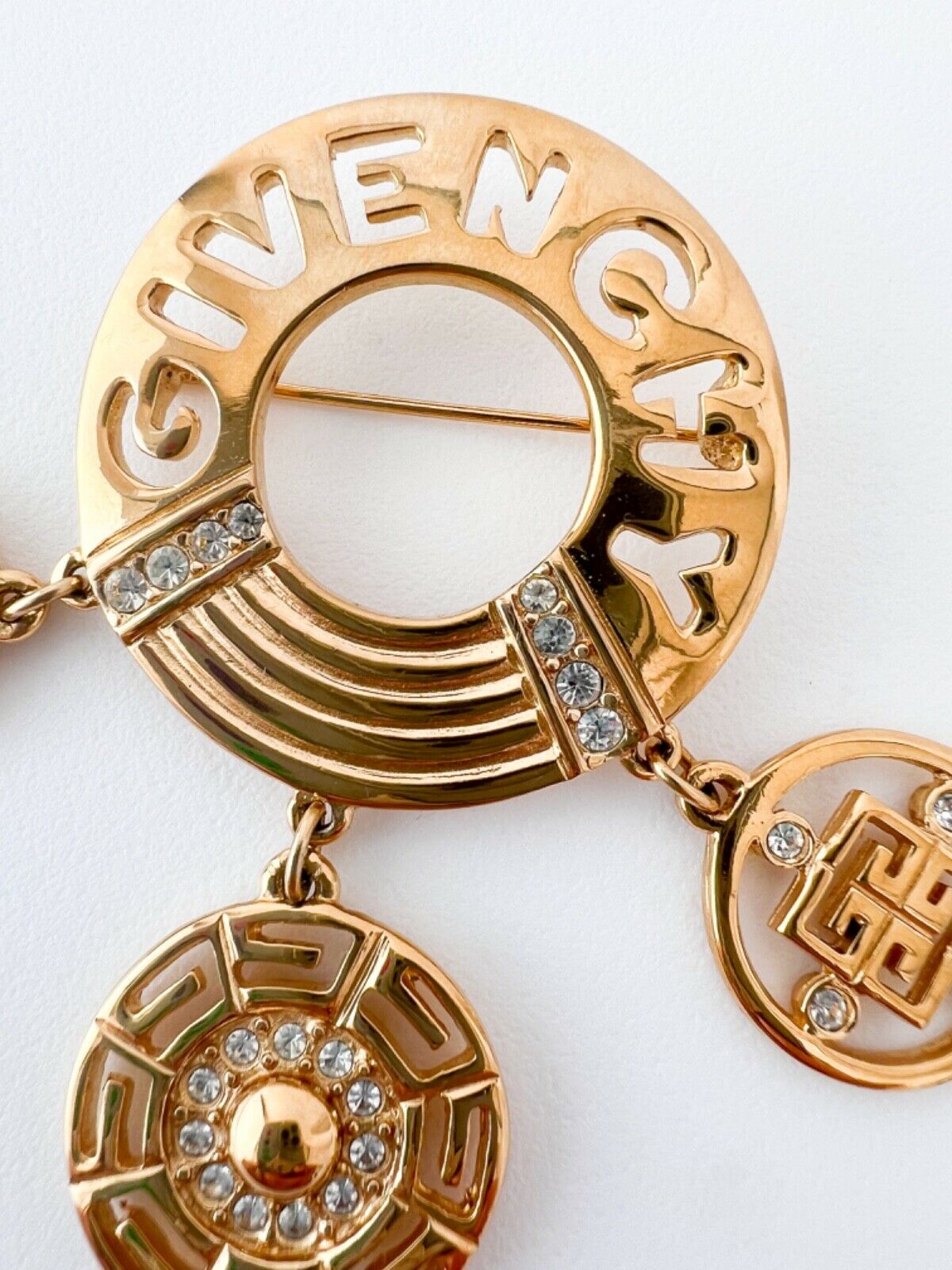 Givenchy Vintage Gold Tone Brooch Pin Logo Rhinestone Dangling Charms