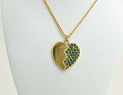YSL Yves Saint Laurent Gold Tone Broken Heart Pendant Necklace Vintage Rhinestones Emerald Green