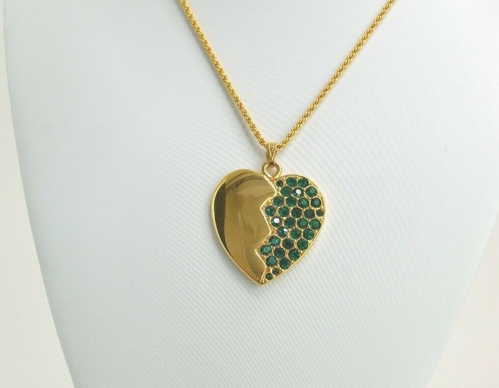 YSL Yves Saint Laurent Gold Tone Broken Heart Pendant Necklace Vintage Rhinestones Emerald Green