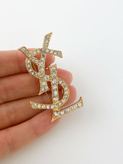 【SOLD OUT】YSL Yves Saint Laurent Vintage Gold Tone Logo Brooch Pin Rhinestones Collector Item