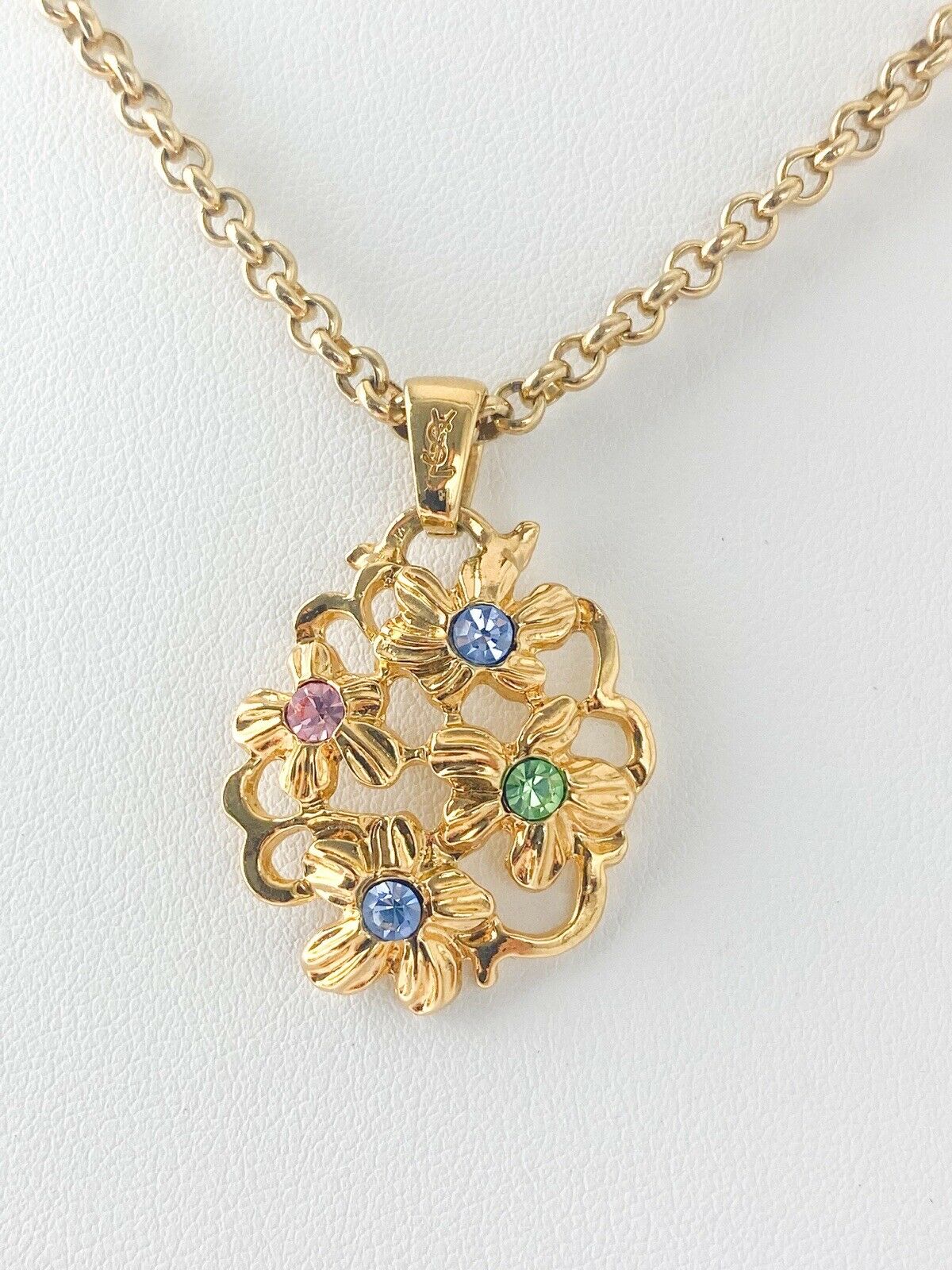 【SOLD OUT】YSL Yves Saint Laurent Vintage Gold Tone Flower Necklace Rhinestones