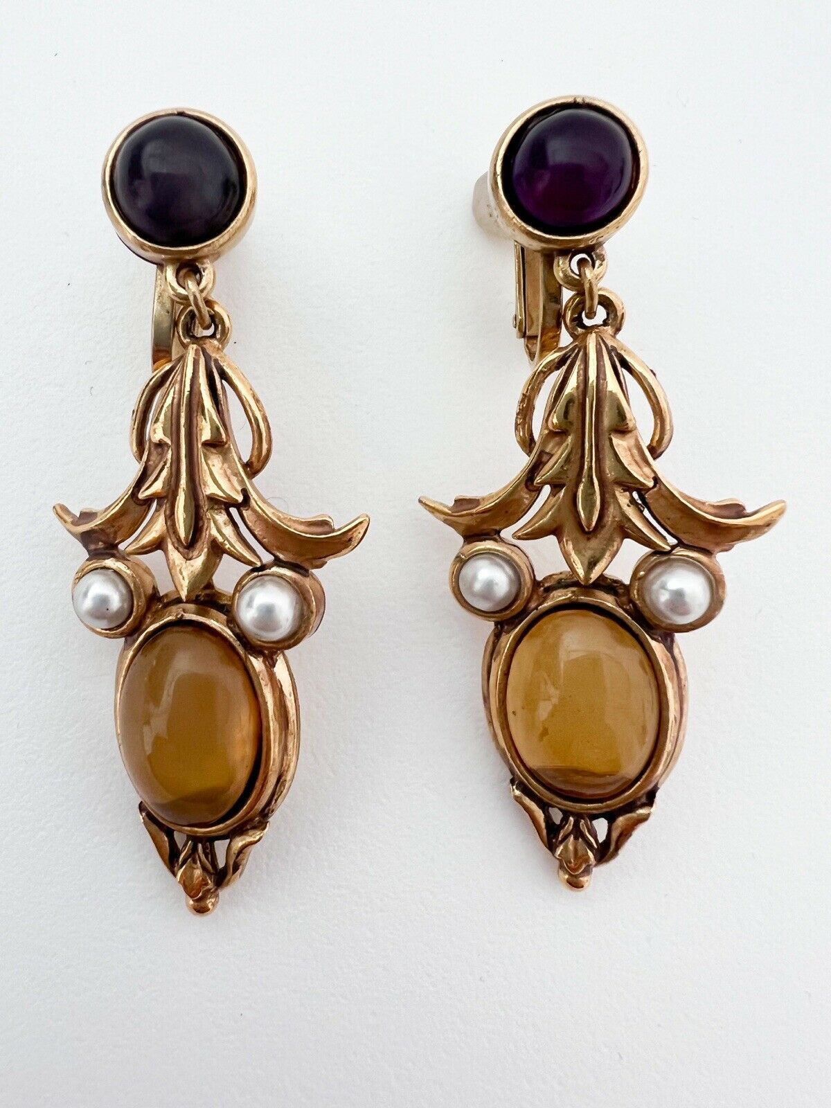JEAN LOUIS SCHERRER Vintage Gold Tone Dangle Earrings Cabochon