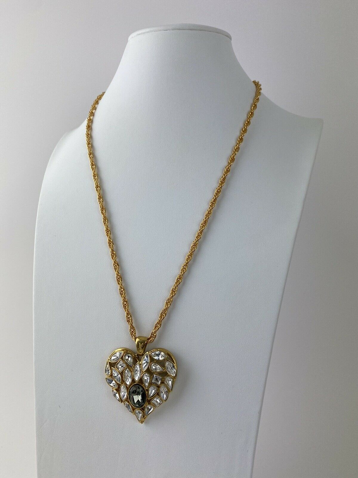 【SOLD OUT】YSL Yves Saint Laurent Vintage Gold Tone Heart Necklace Rhinestone