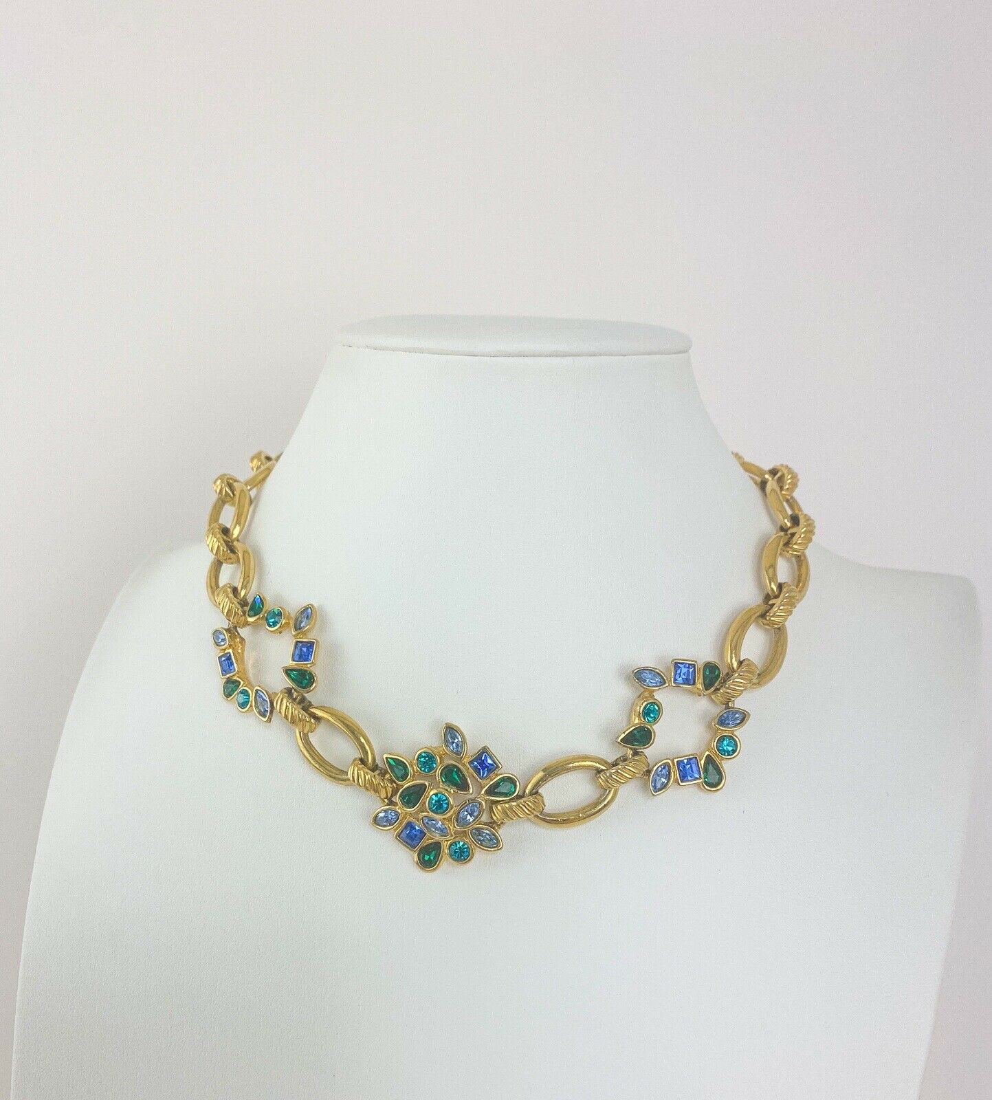 Vintage YSL Yves Saint Laurent Necklace, Floral Necklace, Gold Tone Necklace, Link Charm Necklace, Vintage Rhinestone, Jewelry for Women