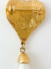 【SOLD OUT】YSL Yves Saint Laurent Vintage Gold Tone Heart Drop Brooch Pin Faux Pearl