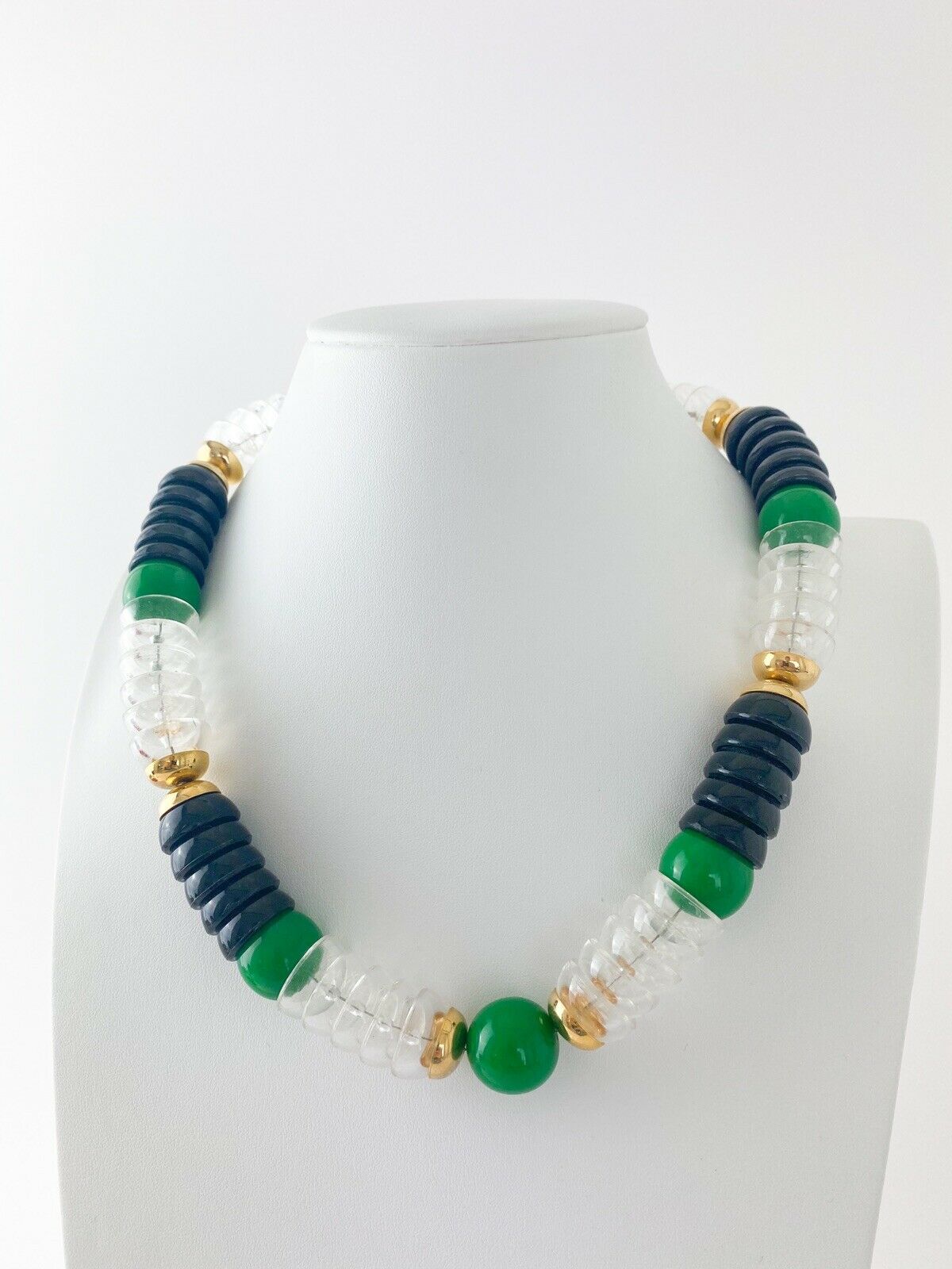 Vintage YSL Necklace, Yves Saint Laurent, Gold Tone Necklace, Link Necklace, Emerald Green Black Color, Gift for Her, Jewelry for Women