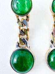 Vintage Dangling Earrings Chain Cabochon Emerald Green