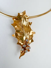 YSL Yves Saint Laurent Vintage Leaf Brooch Pin Pendant 2 Ways Rhinestones Gold Tone