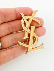 YSL Yves Saint Laurent Vintage Gold Tone Logo Brooch Pin