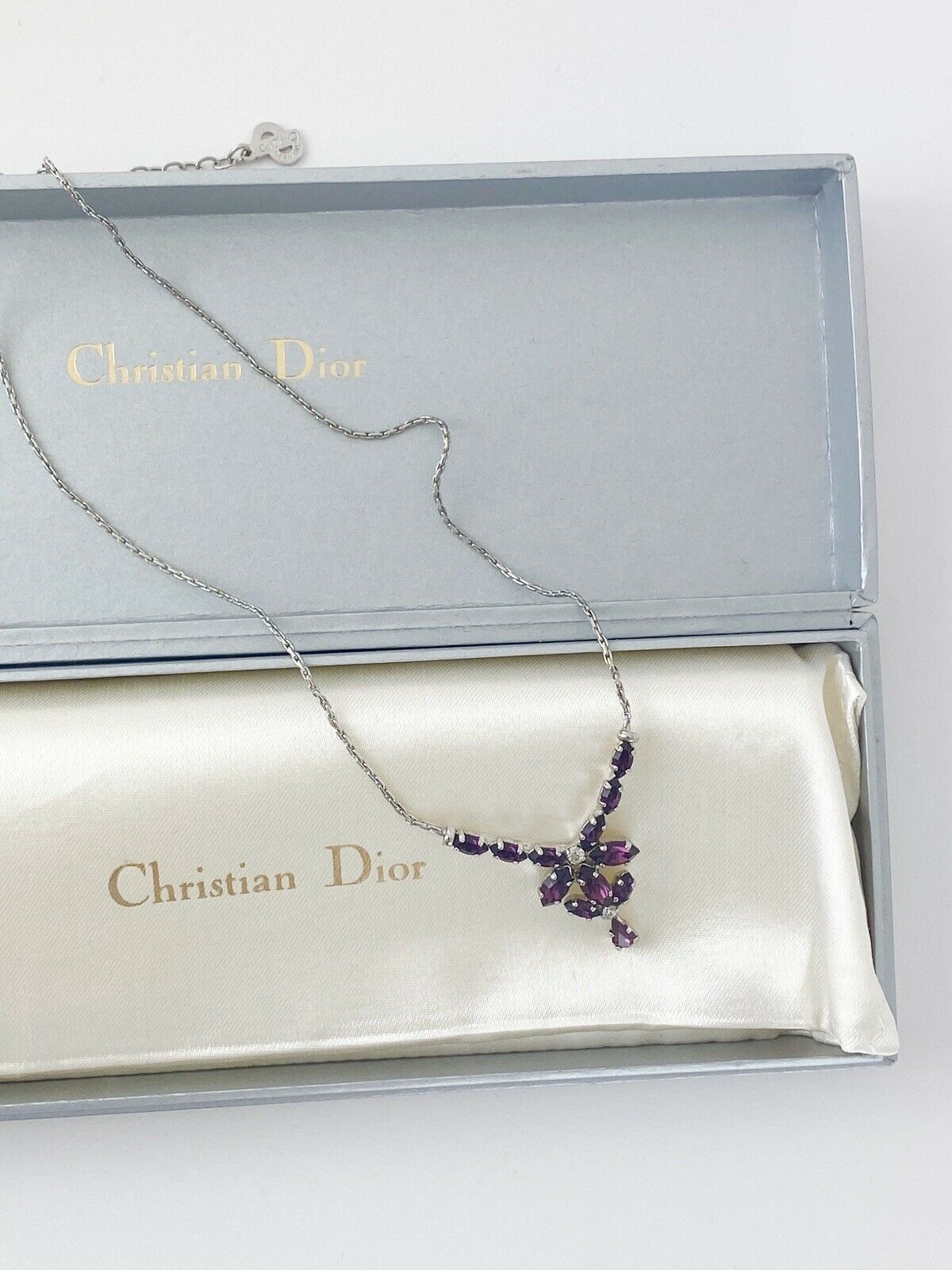Christian Dior Germany Vintage Silver Tone Choker Necklace Rhinestone Purple