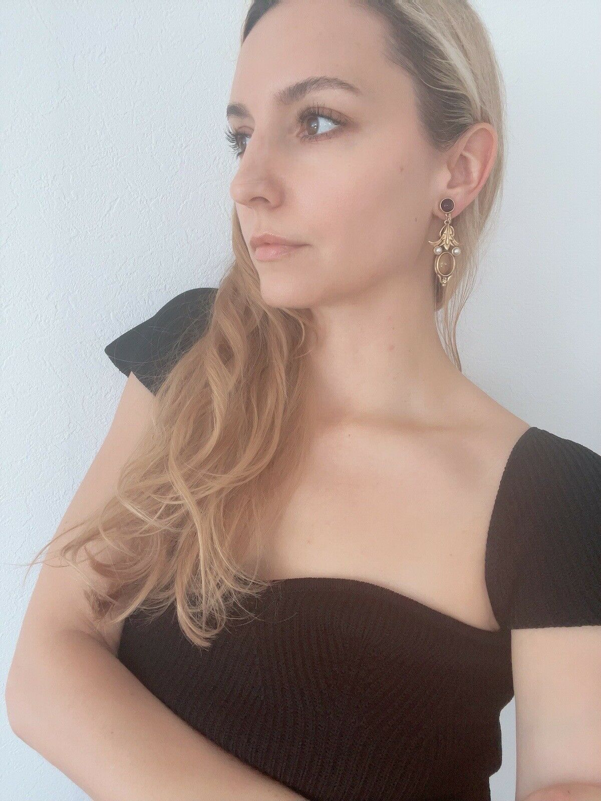 JEAN LOUIS SCHERRER Vintage Gold Tone Dangle Earrings Cabochon