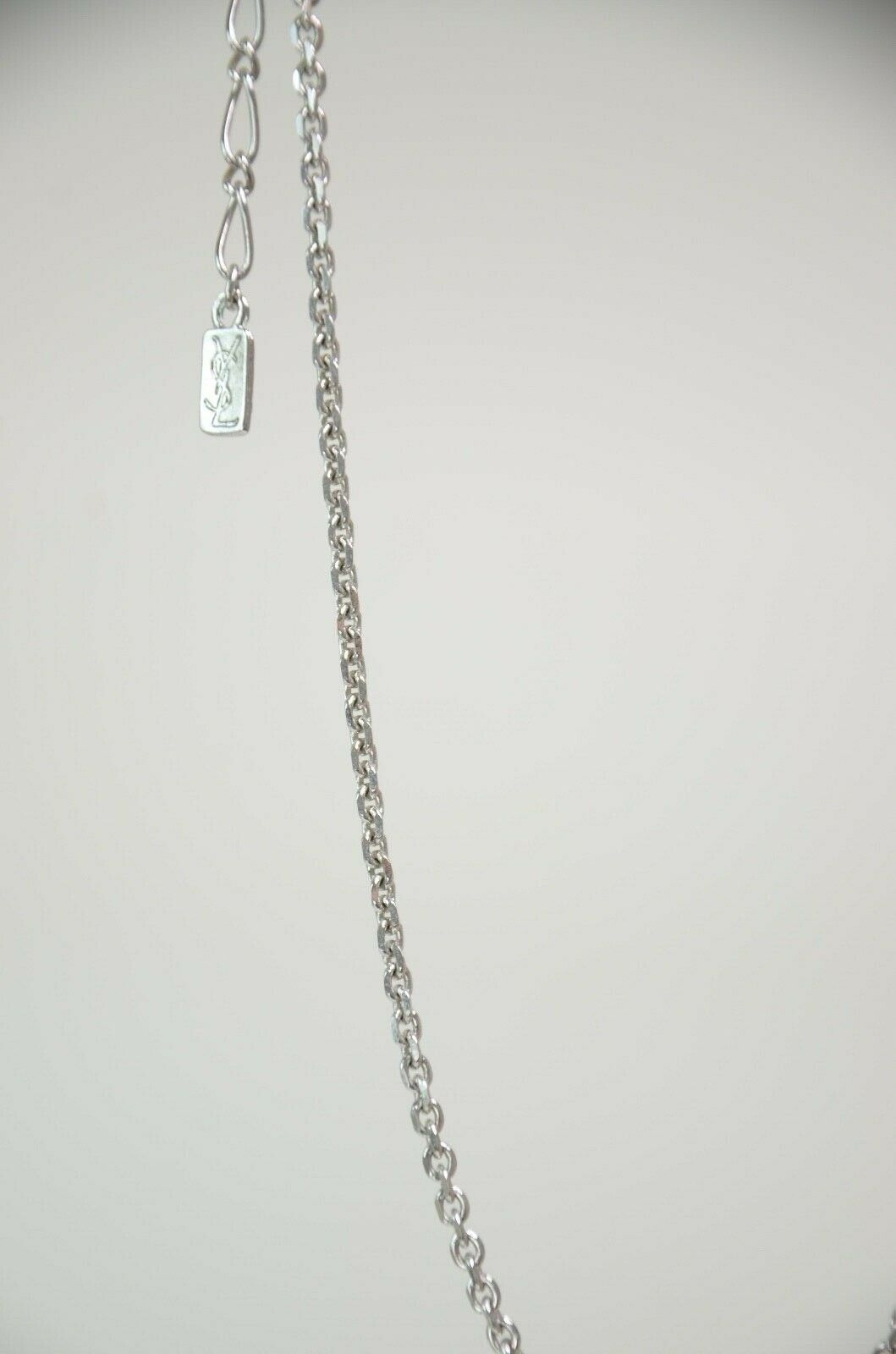 YSL Yves Saint Laurent Silver Tone Logo Heart Rhinestone Pendant Necklace Vintage