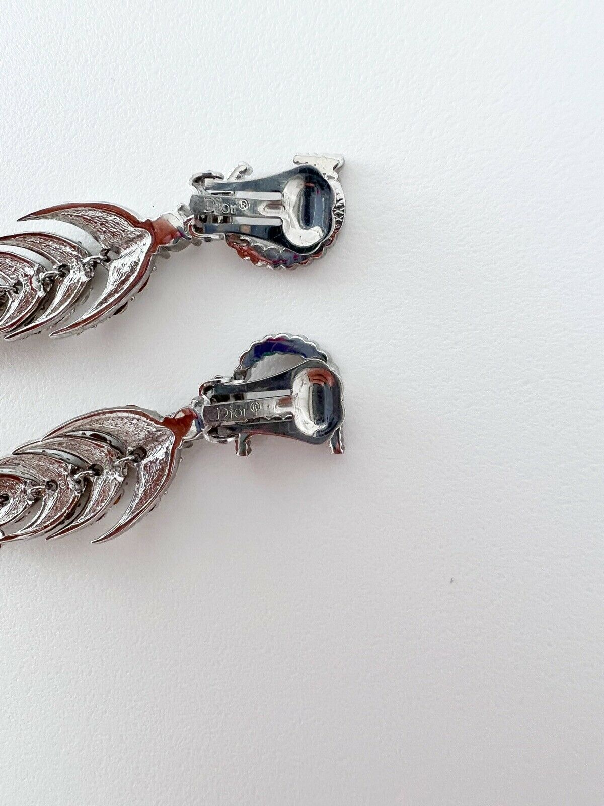 Christian Dior Silver Tone Vintage Clip-On Earrings Long Logo Rhinestones