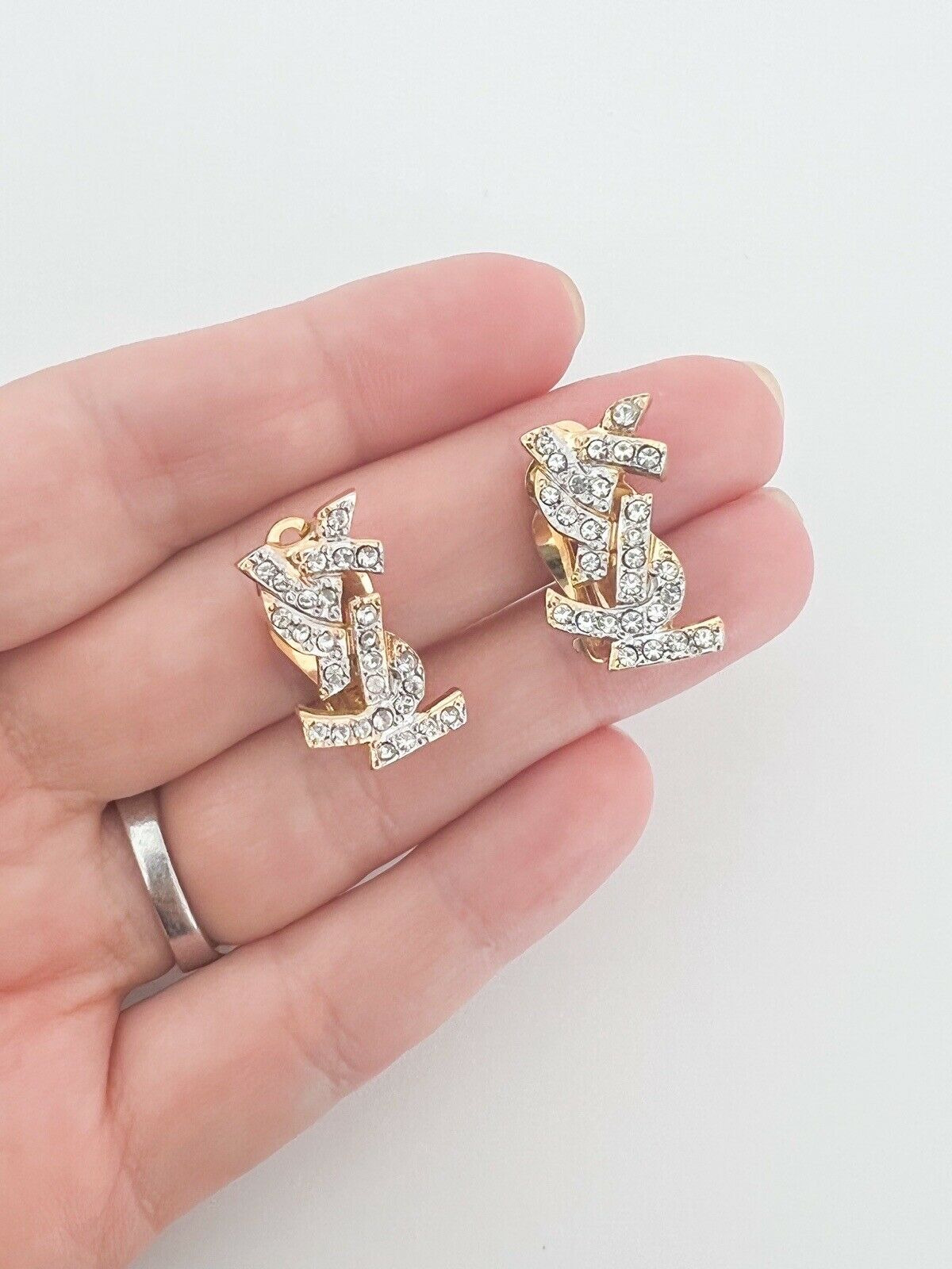 【SOLD OUT】YSL Yves Saint Laurent Vintage Gold Tone Logo Clip-On Earrings Rhinestones