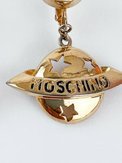 Moschino Vintage Star Saturn Planet Dangle Earrings Gold Tone Logo