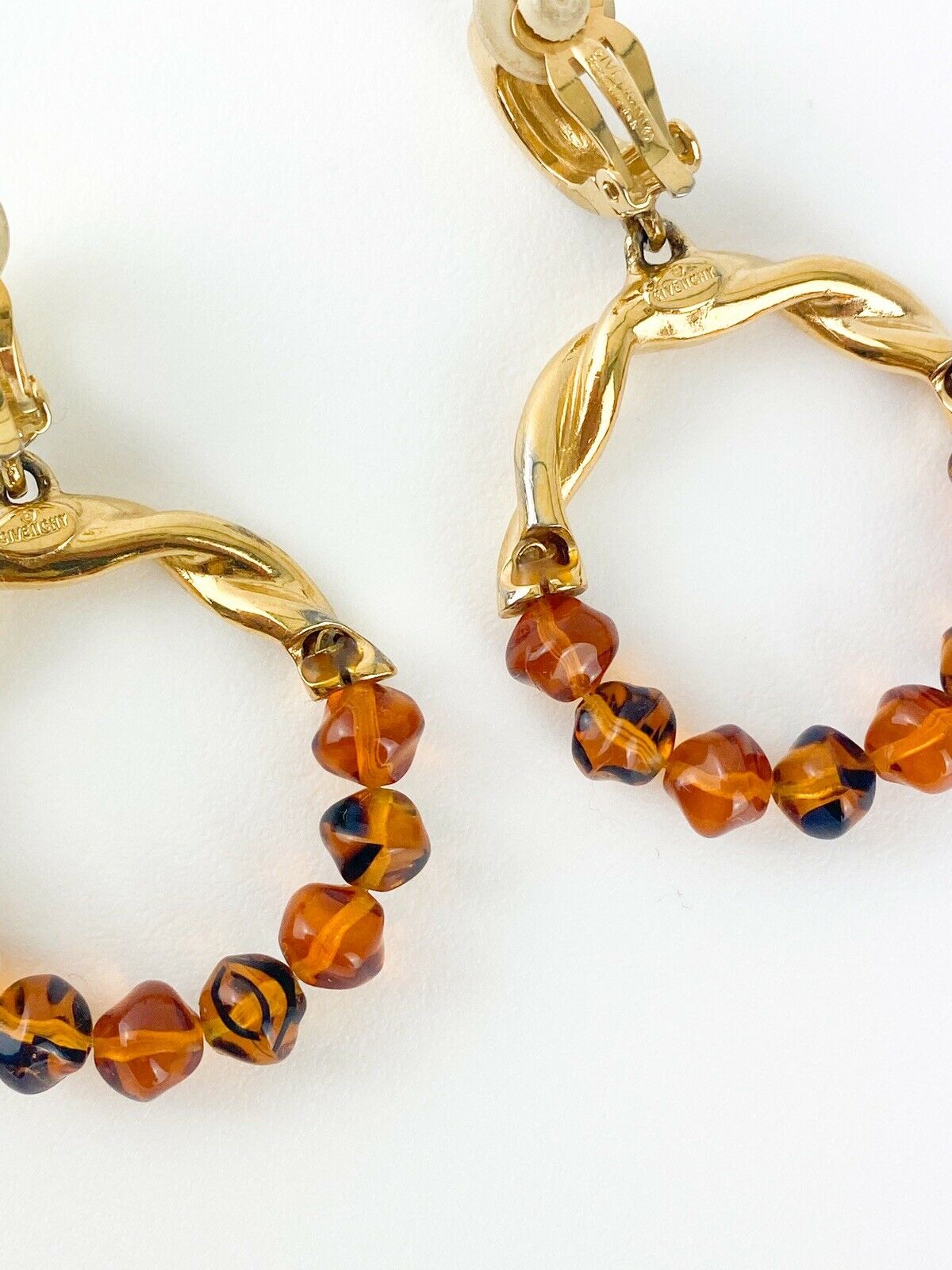 Givenchy Paris Vintage Gold Tone Hoop Earrings Logo Amber Beaded