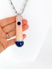 Givenchy Vintage Silver Tone Pendant Necklace Large Pink Navy