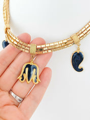 Balenciaga Paris Gold Tone Vintage Charm Necklace Black Enamel