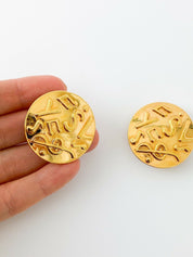 YSL Yves Saint Laurent Vintage Gold Tone Medal Earrings Logo Music Note