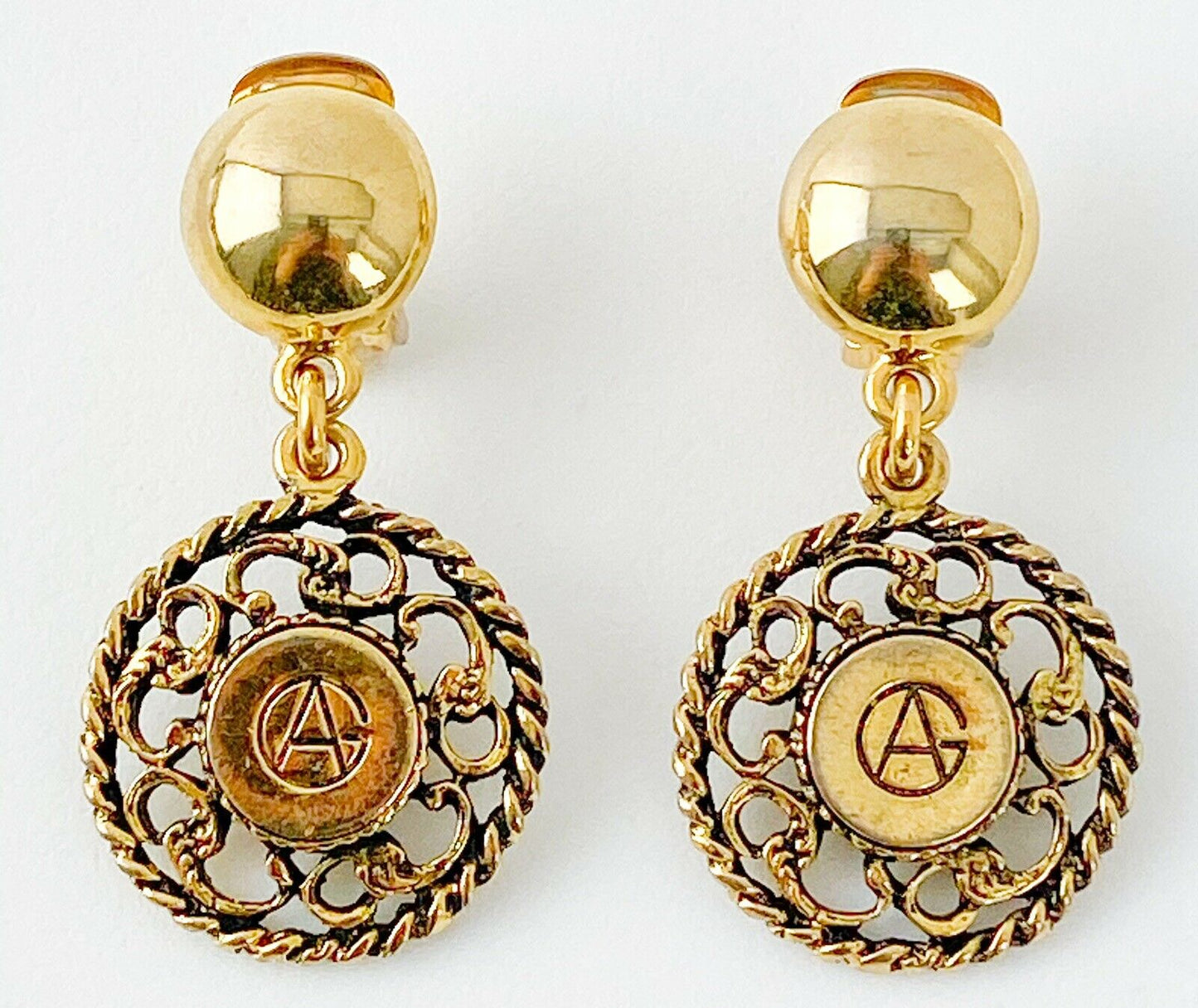 GIORGIO ARMANI Vintage Gold Tone Dangling Logo Medallion Earrings