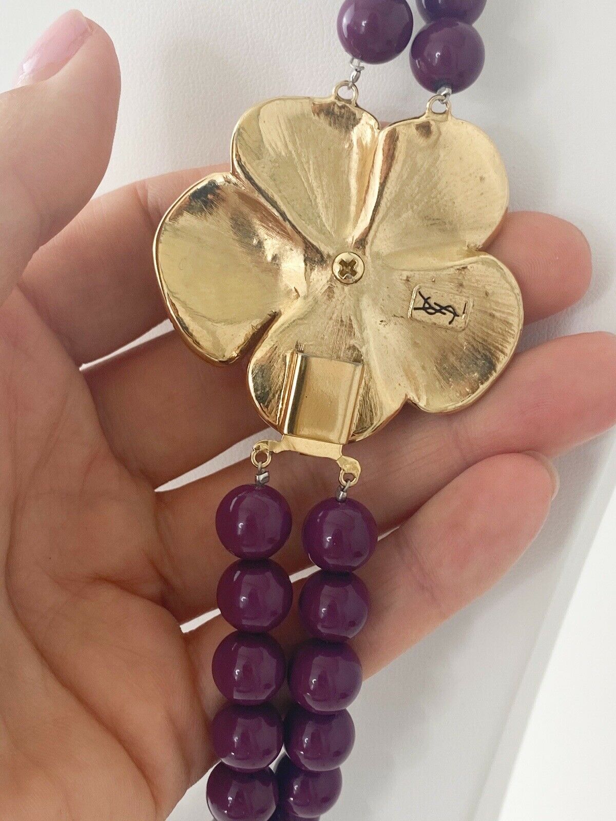 【SOLD OUT】YSL Yves Saint Laurent Vintage Gold Tone Flower Beaded Necklace Purple