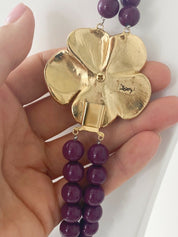 【SOLD OUT】YSL Yves Saint Laurent Vintage Gold Tone Flower Beaded Necklace Purple