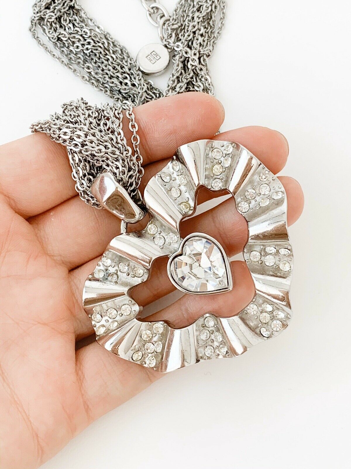 Givenchy Extra Large Heart Necklace Silver Tone Crystals Gorgeous