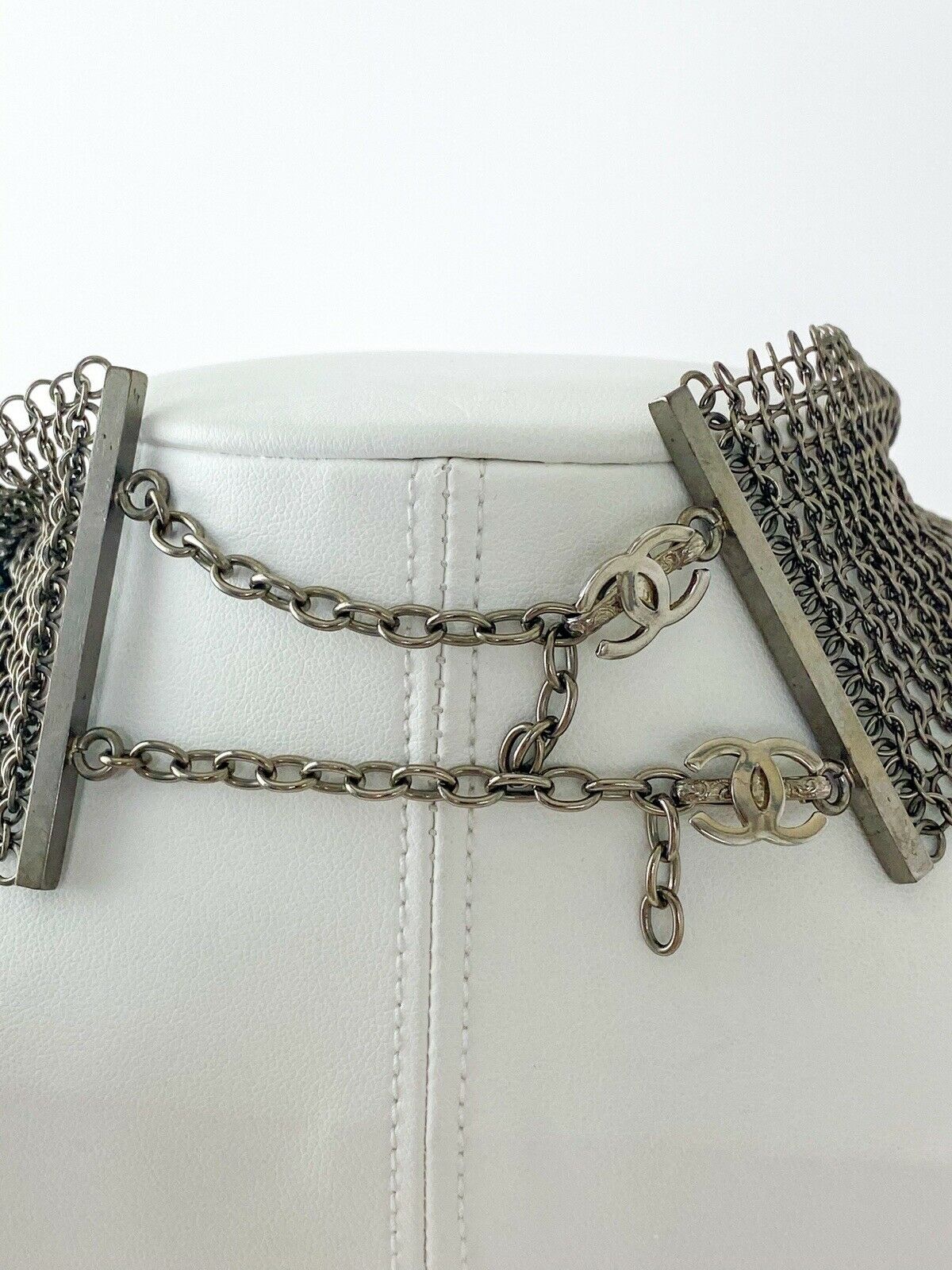 CHANEL Silver Tone Metallic Massive Choker Collar Necklace Beads Made in France