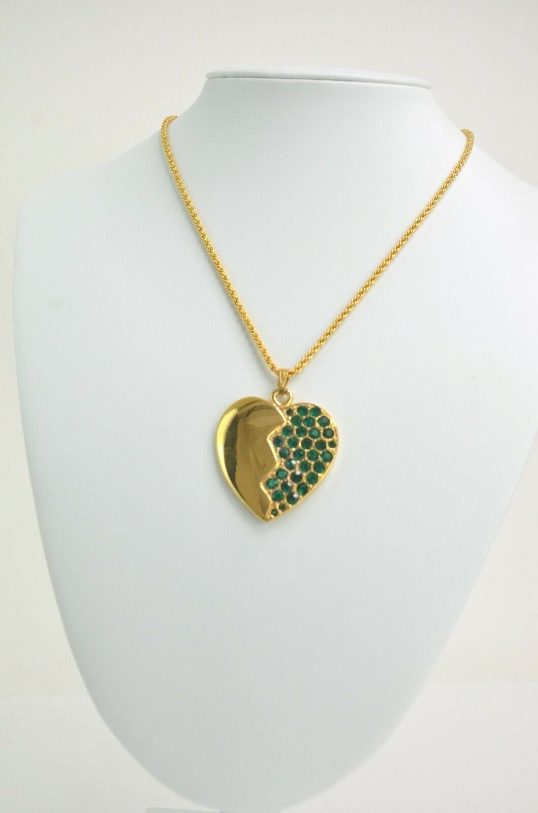 YSL Yves Saint Laurent Gold Tone Broken Heart Pendant Necklace Vintage Rhinestones Emerald Green