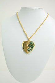 YSL Yves Saint Laurent Gold Tone Broken Heart Pendant Necklace Vintage Rhinestones Emerald Green