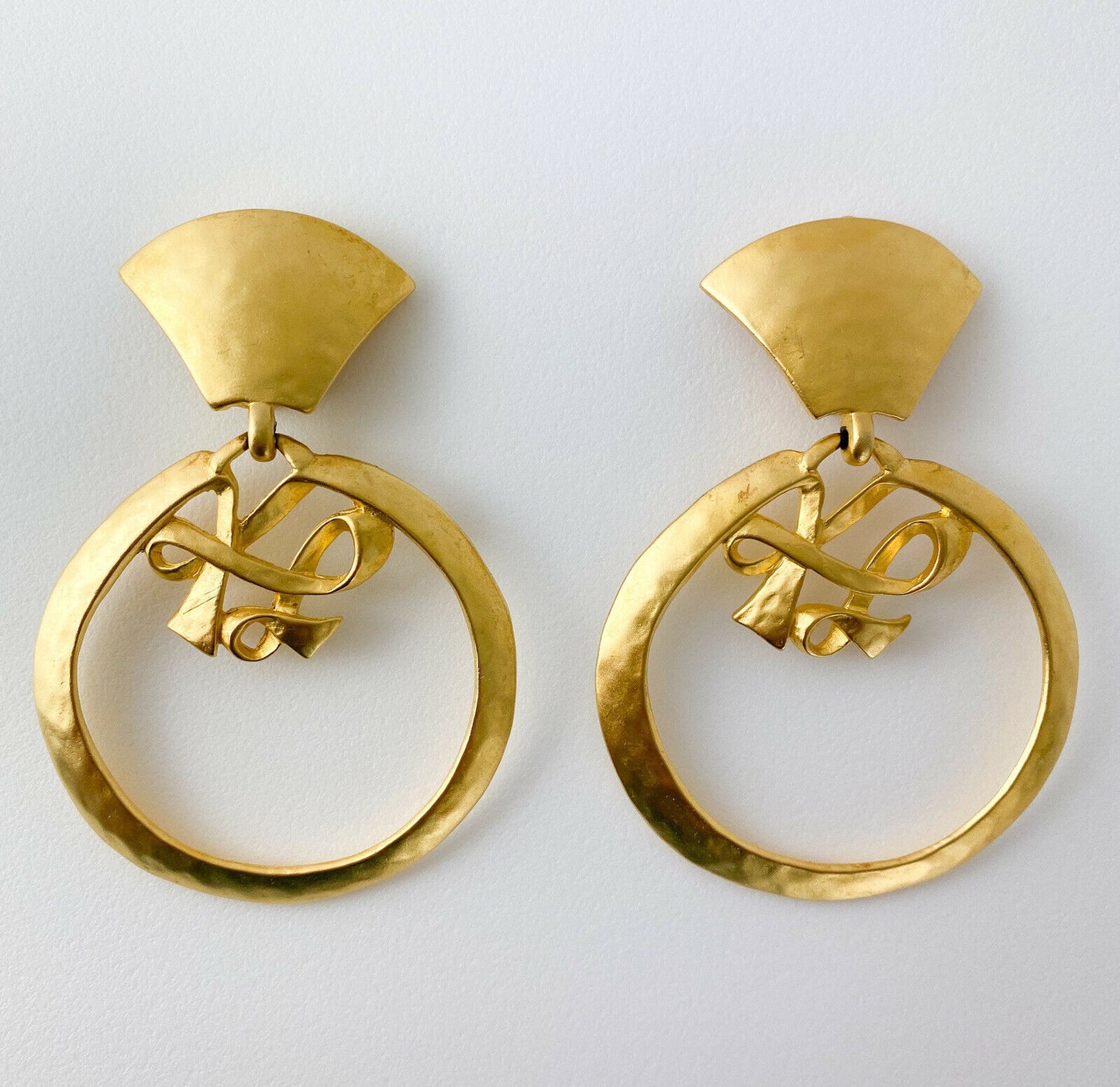 Karl Lagerfeld Vintage Gold Tone Logo Massive Dangle Hoop Earrings