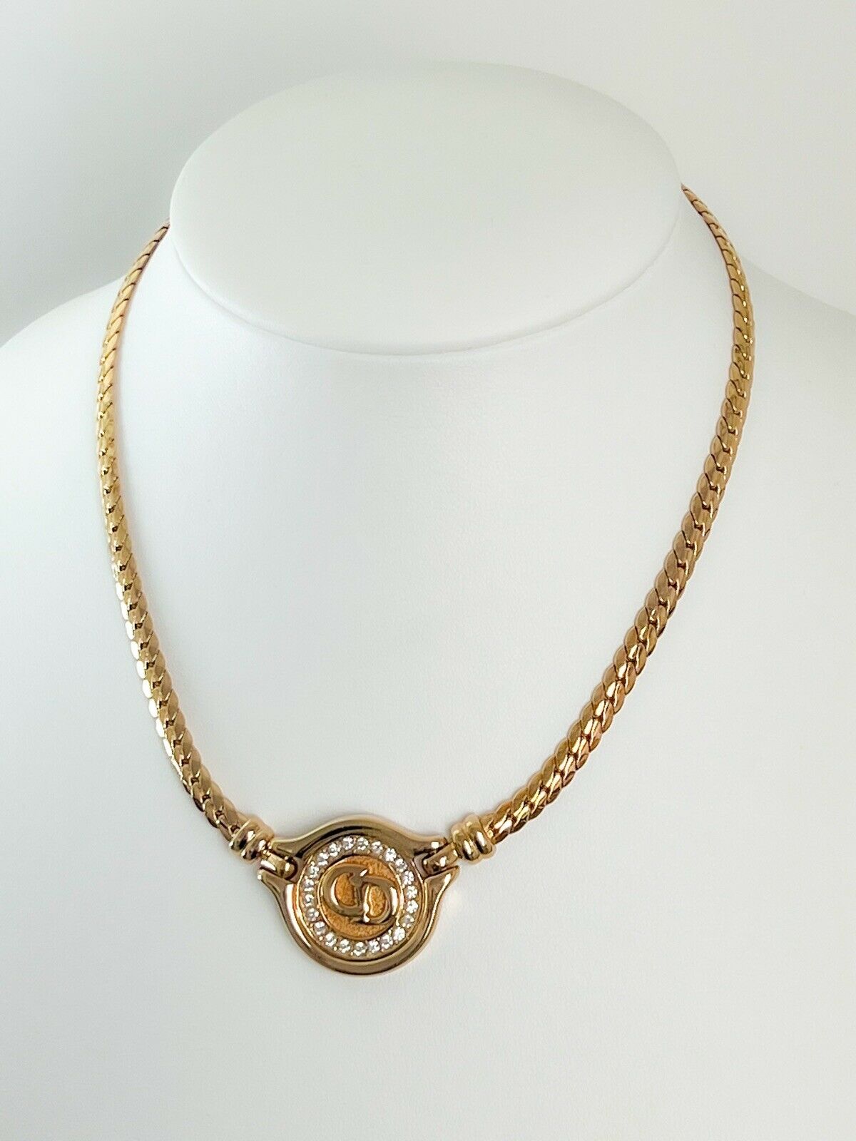 【SOLD OUT】Christian Dior Vintage Choker Necklace Gold Tone CD Logo Rhinestone